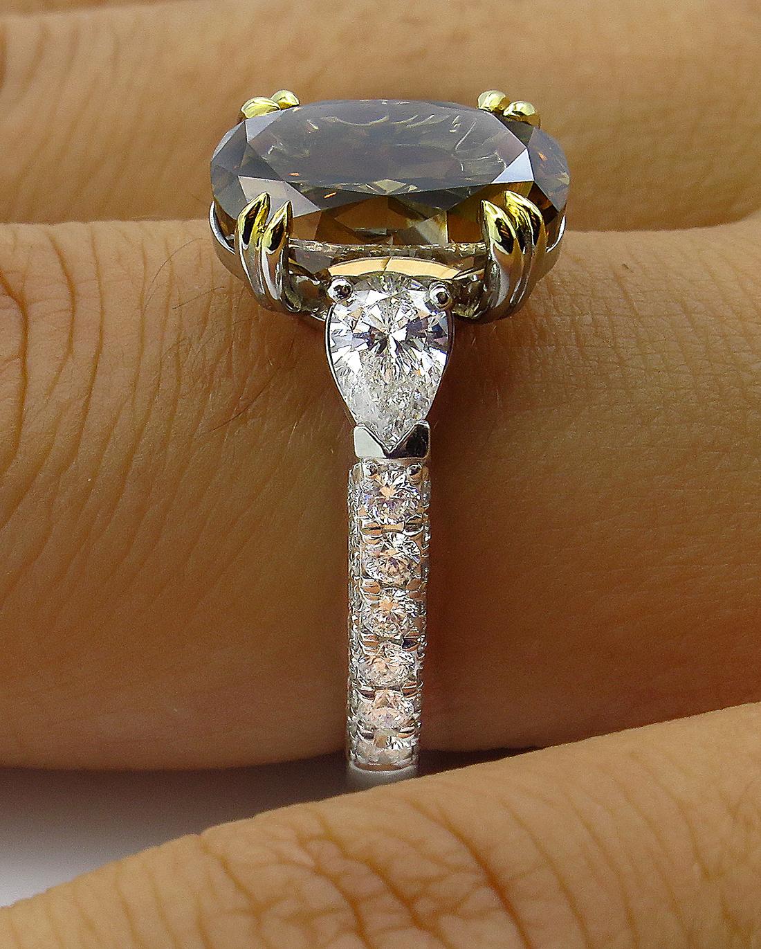 GIA 4.85 Carat Natural Fancy Brown Orange Oval Cut Diamond 3-Stone Platinum Ring 8