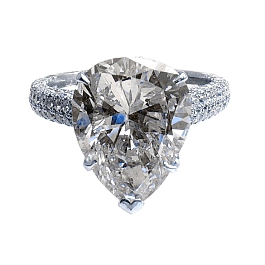 Women's GIA 4.86 Carat F/SI2 Pear Shape 18 Karat Gold Pave Set Diamond Ring with Halo
