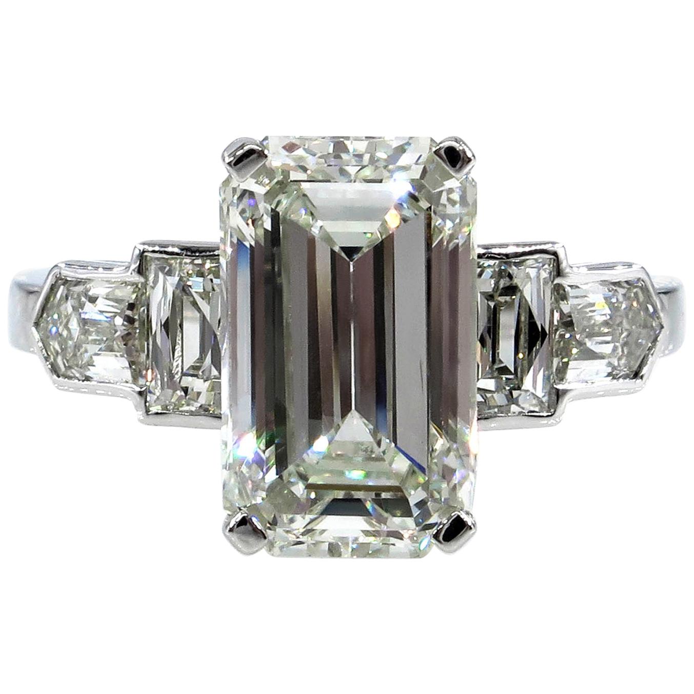 GIA 4.89 Carat Emerald Cut Diamond Engagement Wedding 5-Stone Ring