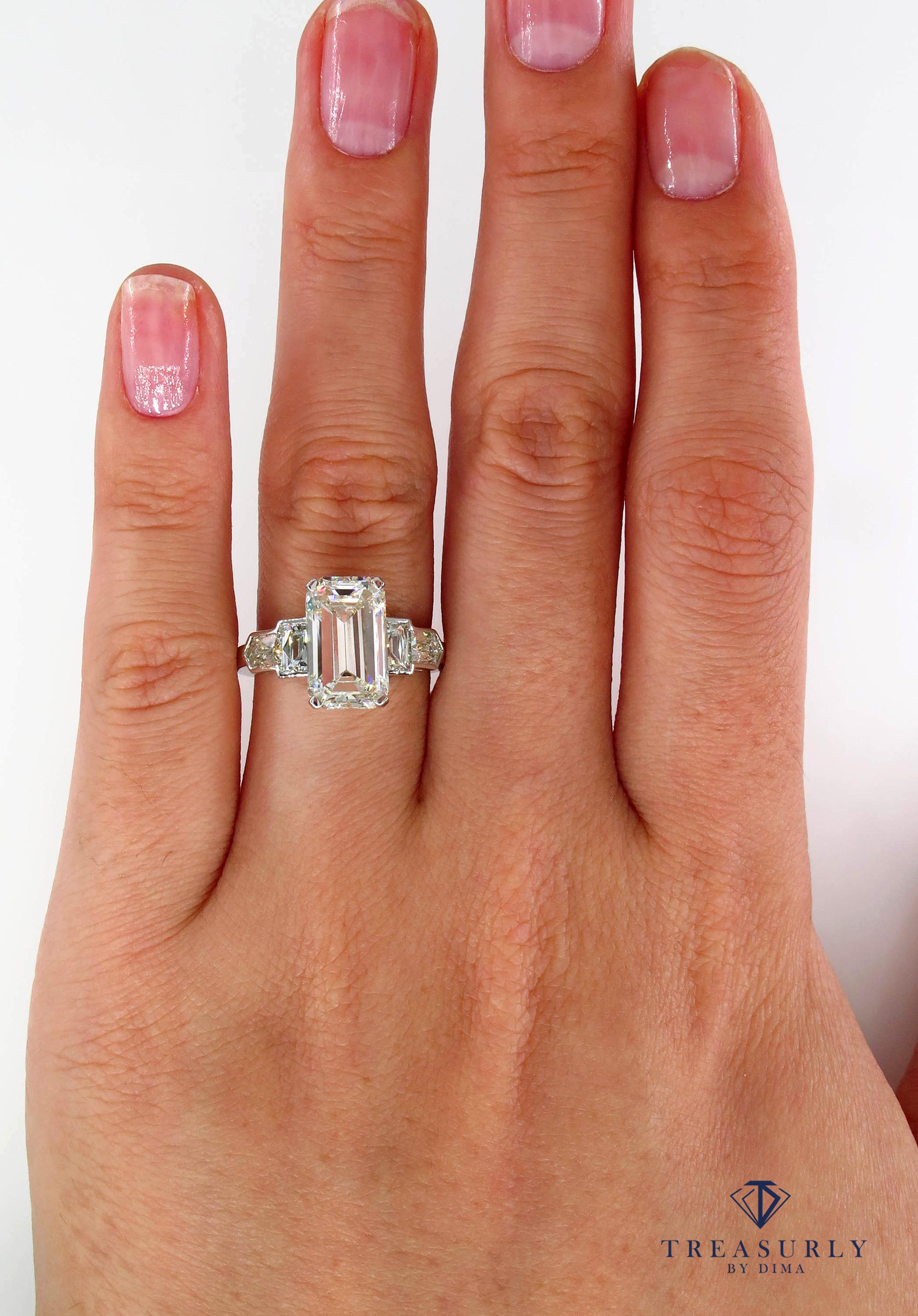 GIA 4.89 Carat Emerald Cut Diamond Engagement Wedding 5-Stone Ring 3
