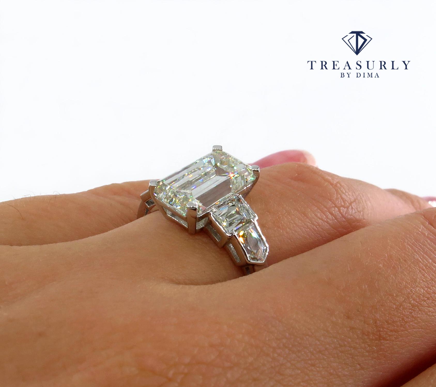 GIA 4.89 Carat Emerald Cut Diamond Engagement Wedding 5-Stone Ring 4