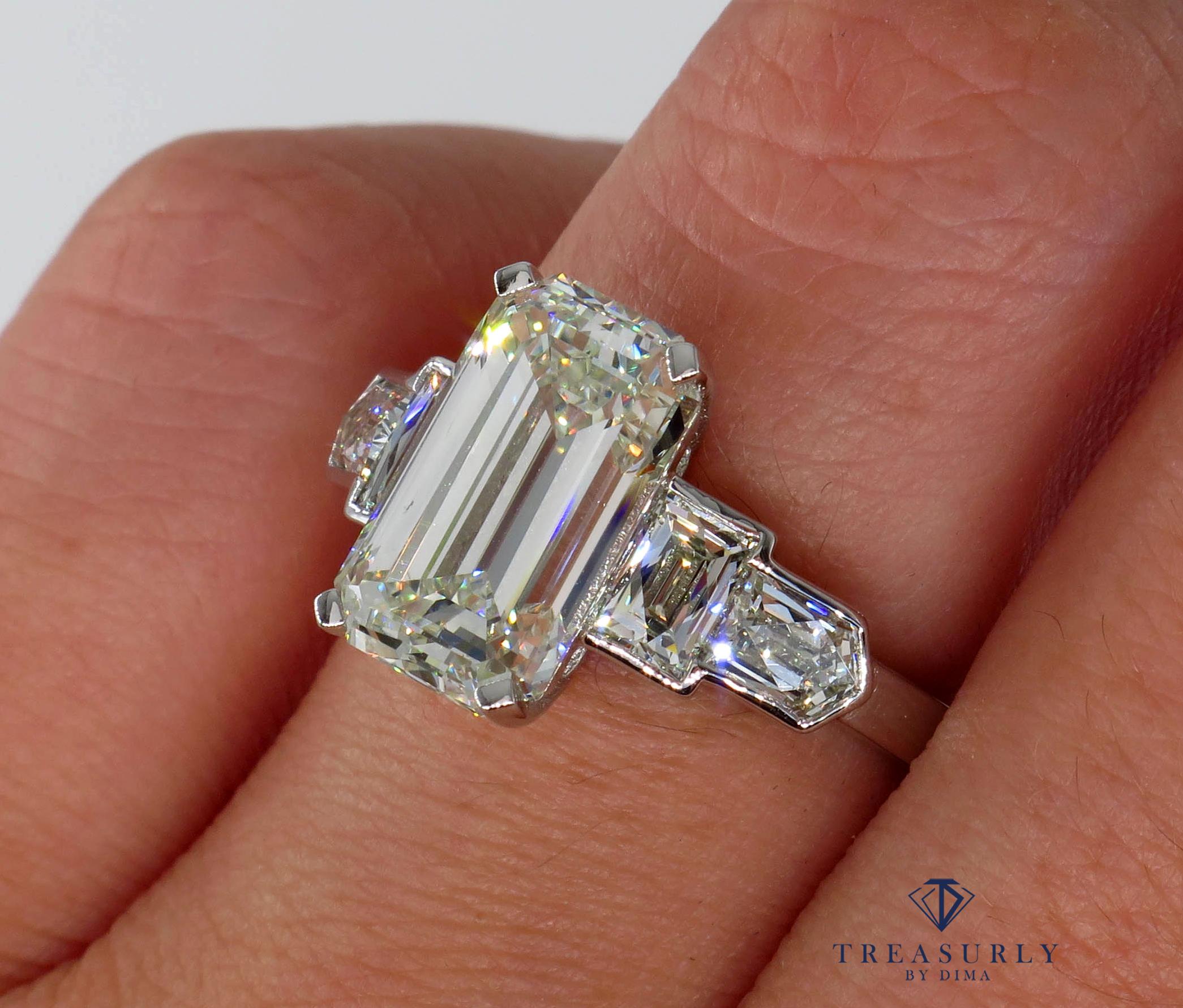 GIA 4.89 Carat Emerald Cut Diamond Engagement Wedding 5-Stone Ring 5