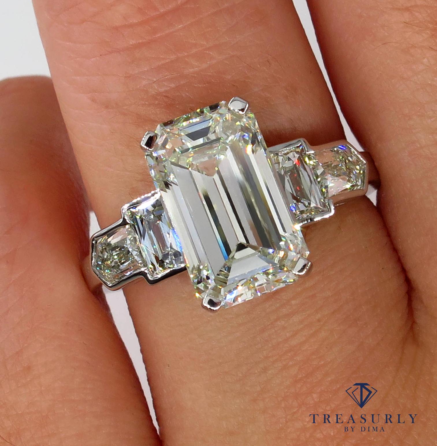 GIA 4.89 Carat Emerald Cut Diamond Engagement Wedding 5-Stone Ring 6