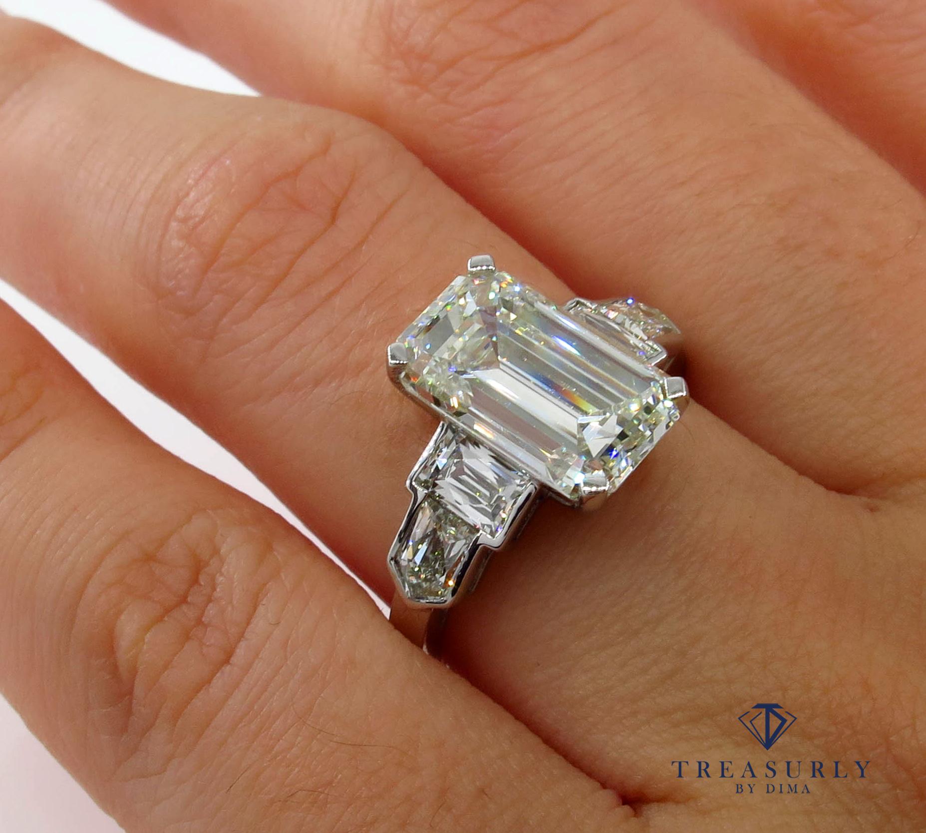 GIA 4.89 Carat Emerald Cut Diamond Engagement Wedding 5-Stone Ring 8