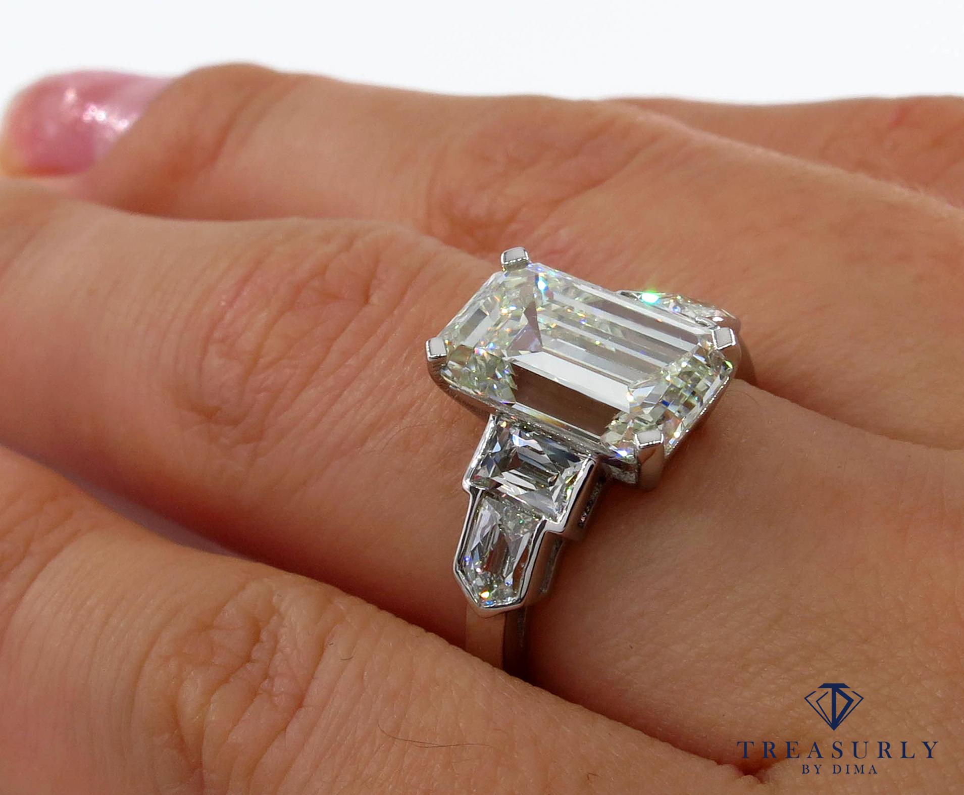 GIA 4.89 Carat Emerald Cut Diamond Engagement Wedding 5-Stone Ring 9