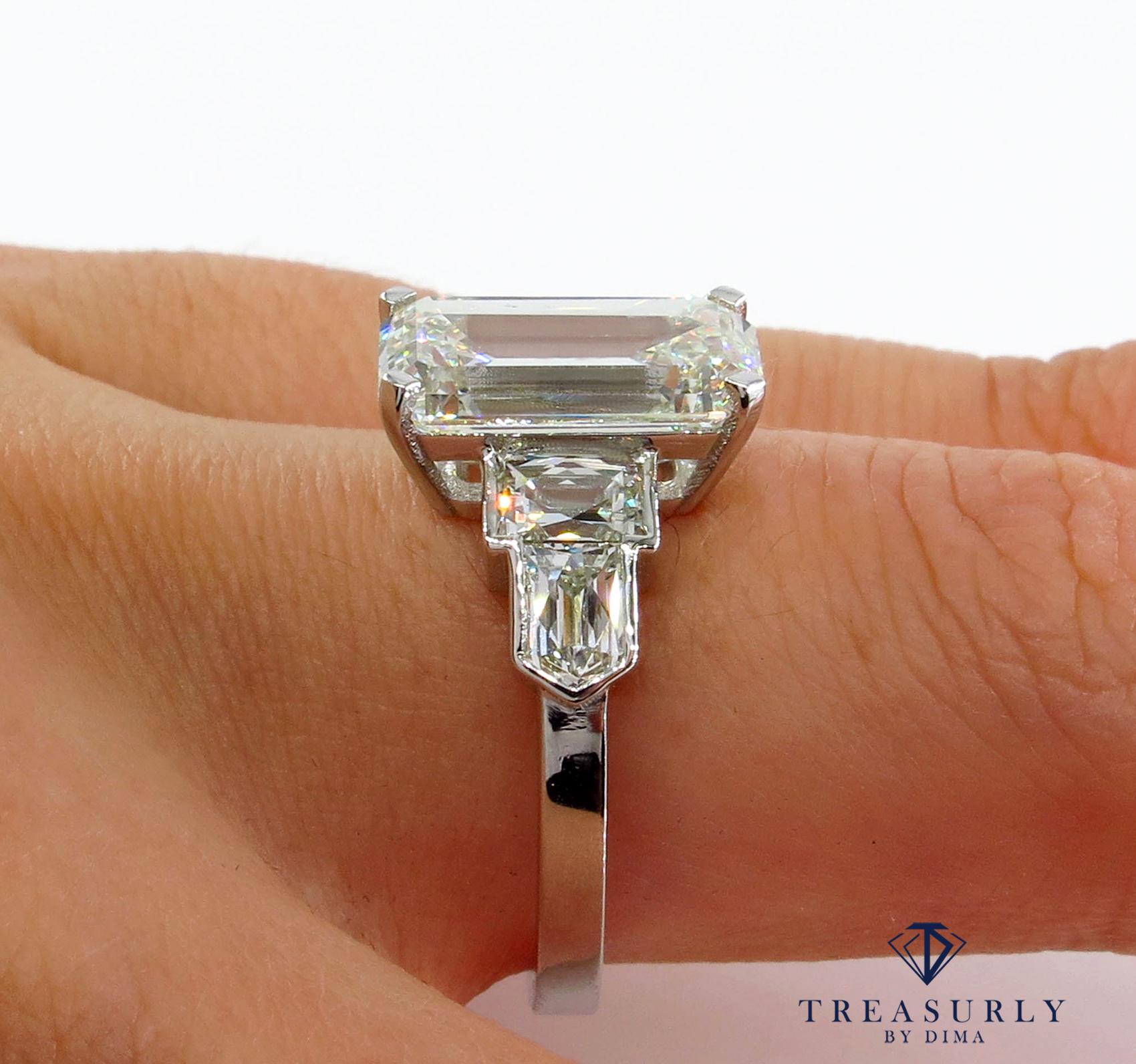 GIA 4.89 Carat Emerald Cut Diamond Engagement Wedding 5-Stone Ring 10