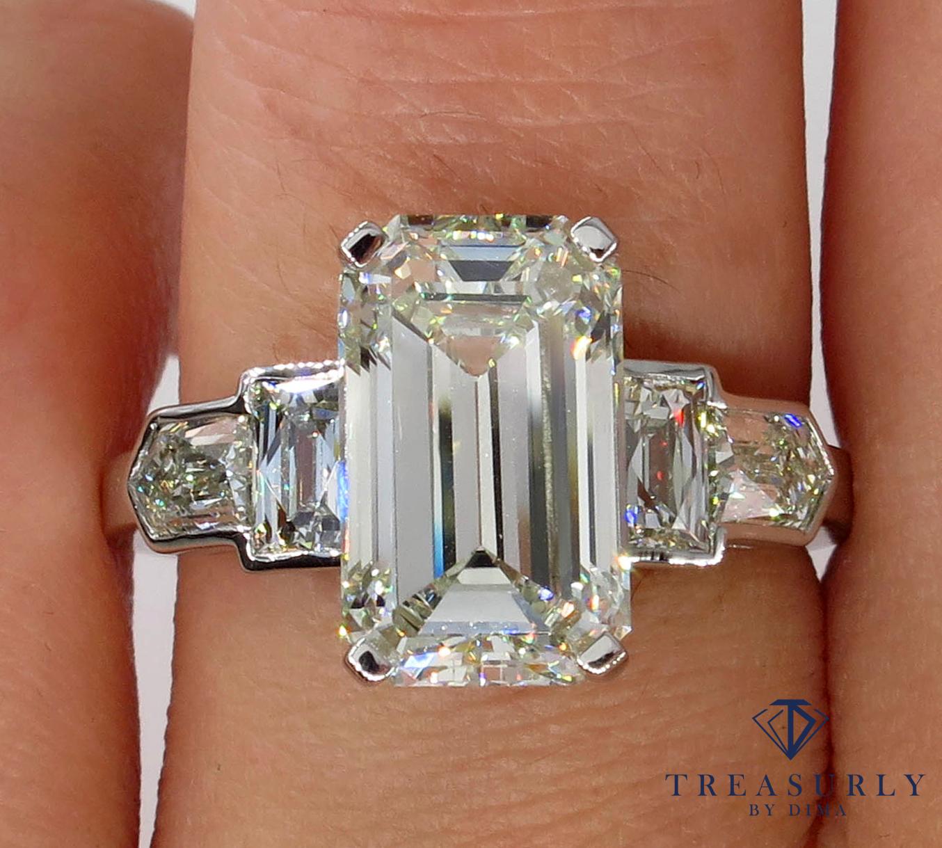 GIA 4.89 Carat Emerald Cut Diamond Engagement Wedding 5-Stone Ring 1