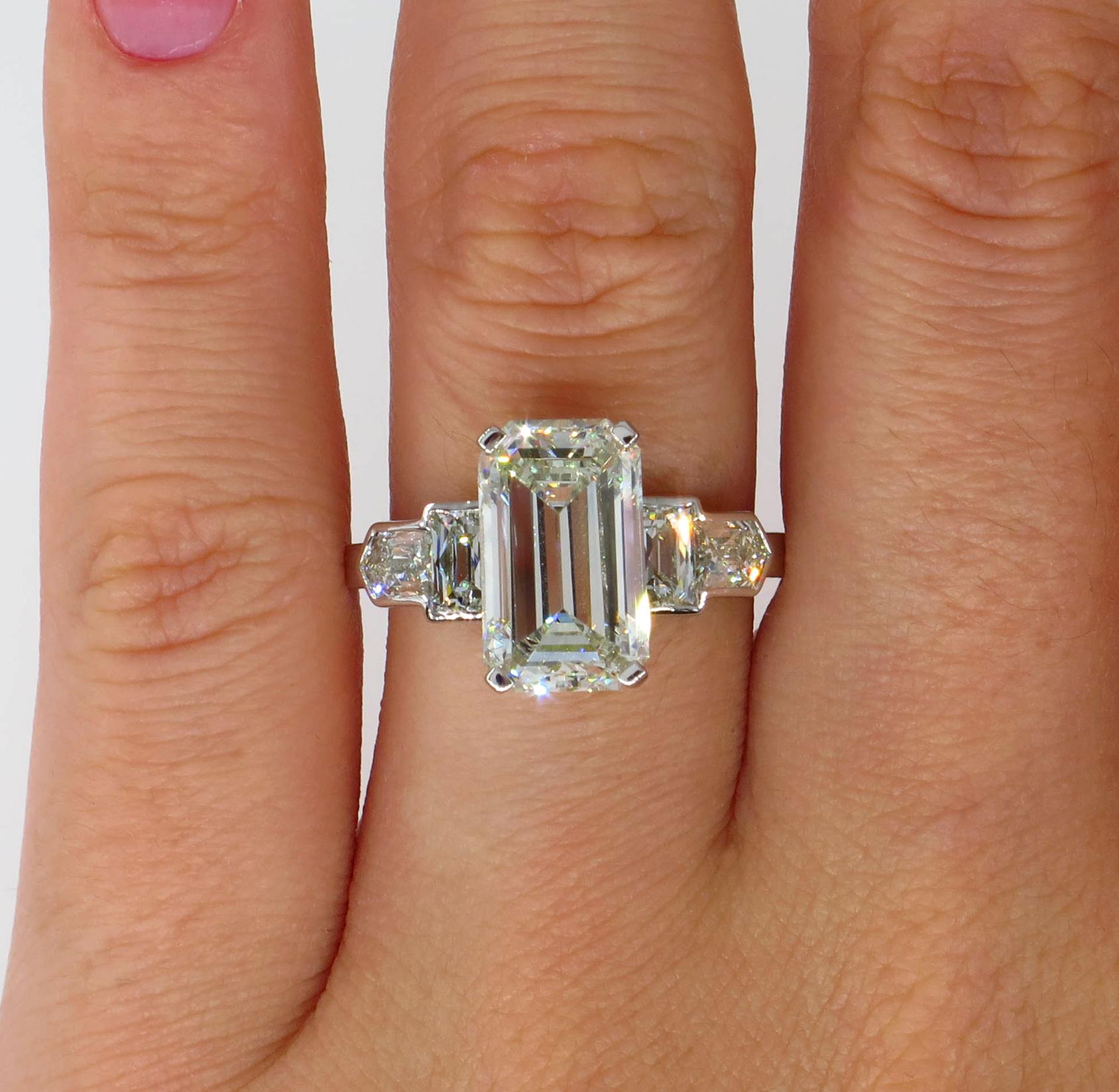 GIA 4.89 Carat Emerald Cut Diamond Engagement Wedding 5-Stone Ring 2