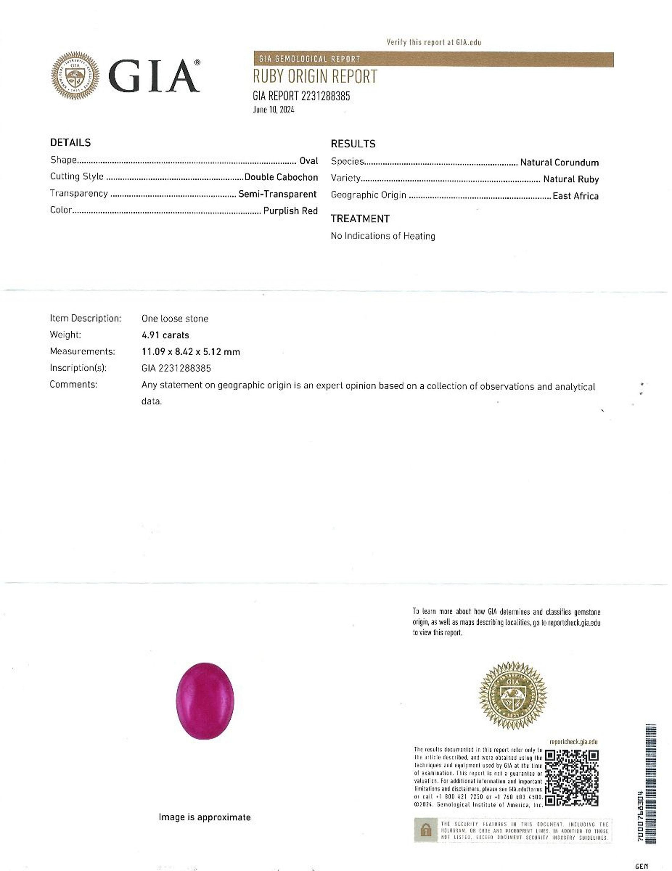 GIA 4,91 Ct Rosa violaceo Anello con diamante rubino non riscaldato a forma di cabochon ovale in vendita 1