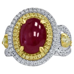 GIA 4.91 Ct Purplish Pink Oval Shaped Cabochon Cut Unheated Ruby Diamond Ring
