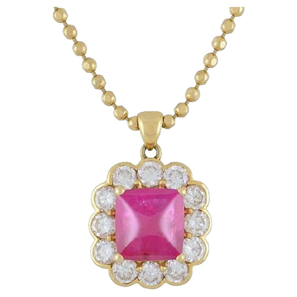 GIA 4.97 ct UnHeated Cabochon Ruby Necklace Halo Diamonds in 18k Yellow Gold