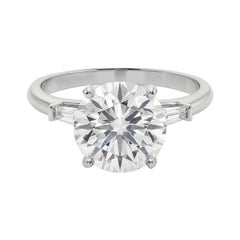 GIA 4ct Round Three-Stone Tapered Baguette 18K White Gold Diamond Ring