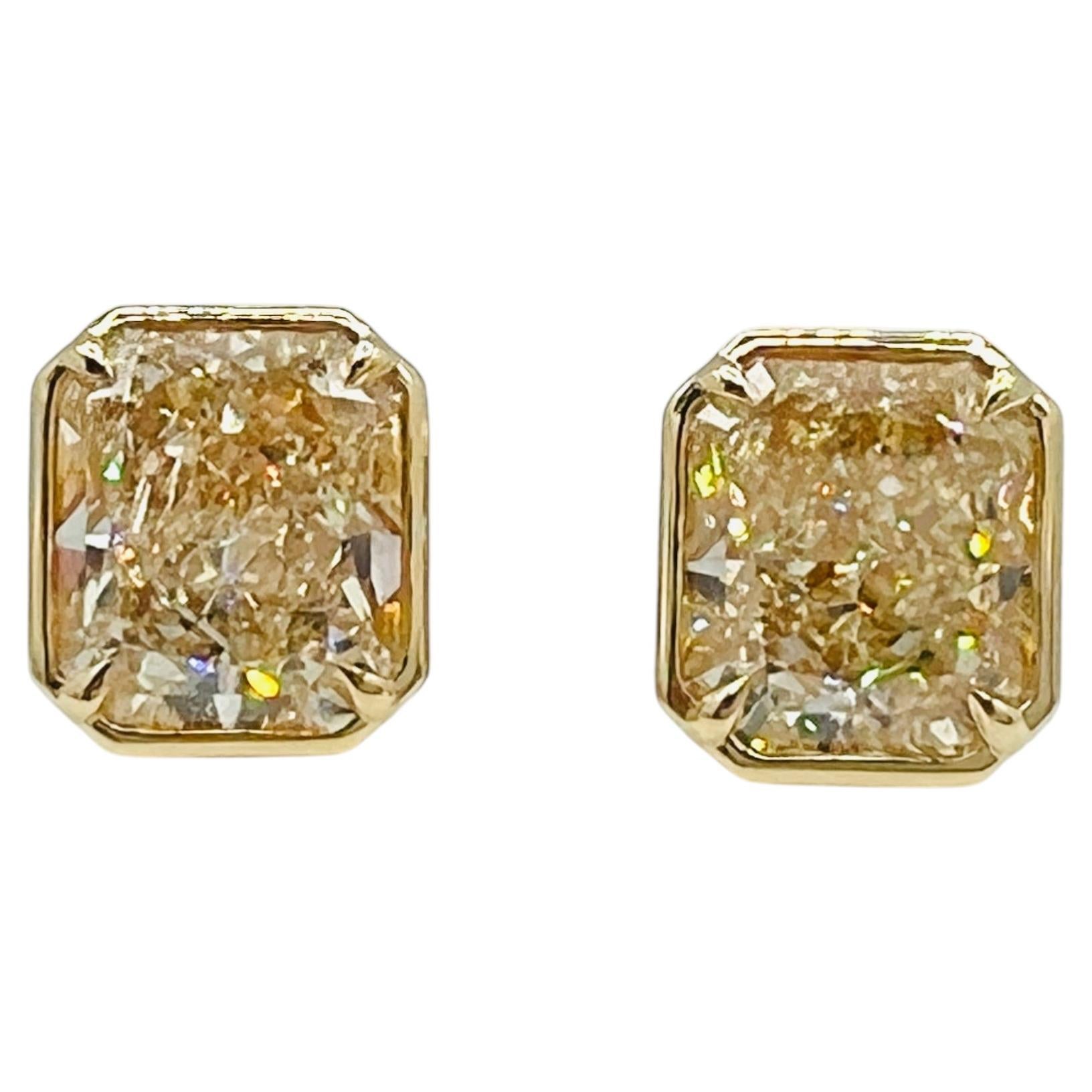 GIA 5 Carat Each Yellow Diamond Radiant Stud Earrings in 18K Yellow Gold