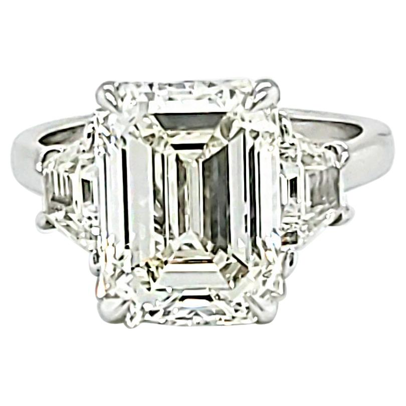 GIA 5 Carat Emerald Cut Diamond and Trapezoid Diamond 3 Stone Platinum Ring