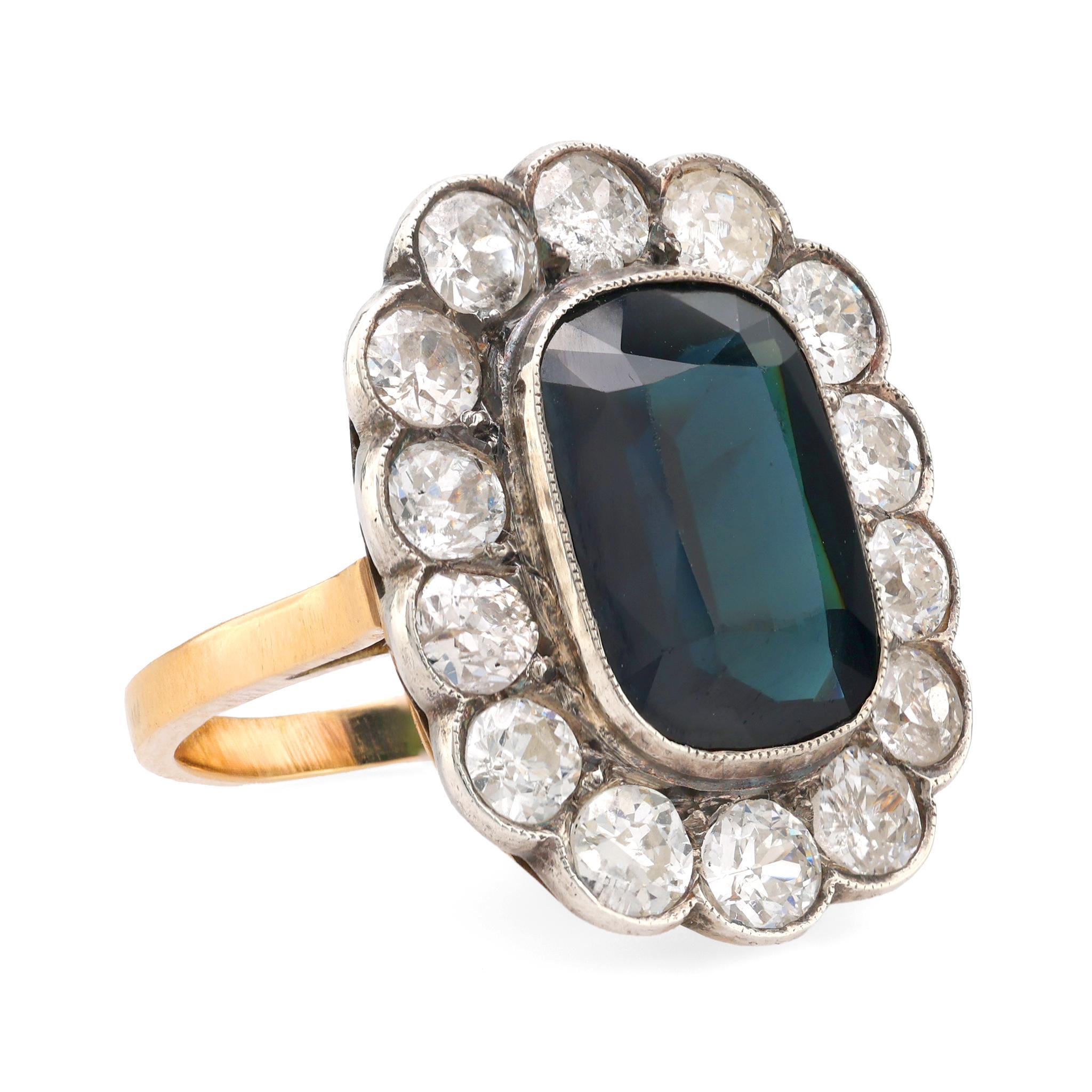 Edwardian GIA 5 carat sapphire diamond 18k yellow gold silver cluster ring
