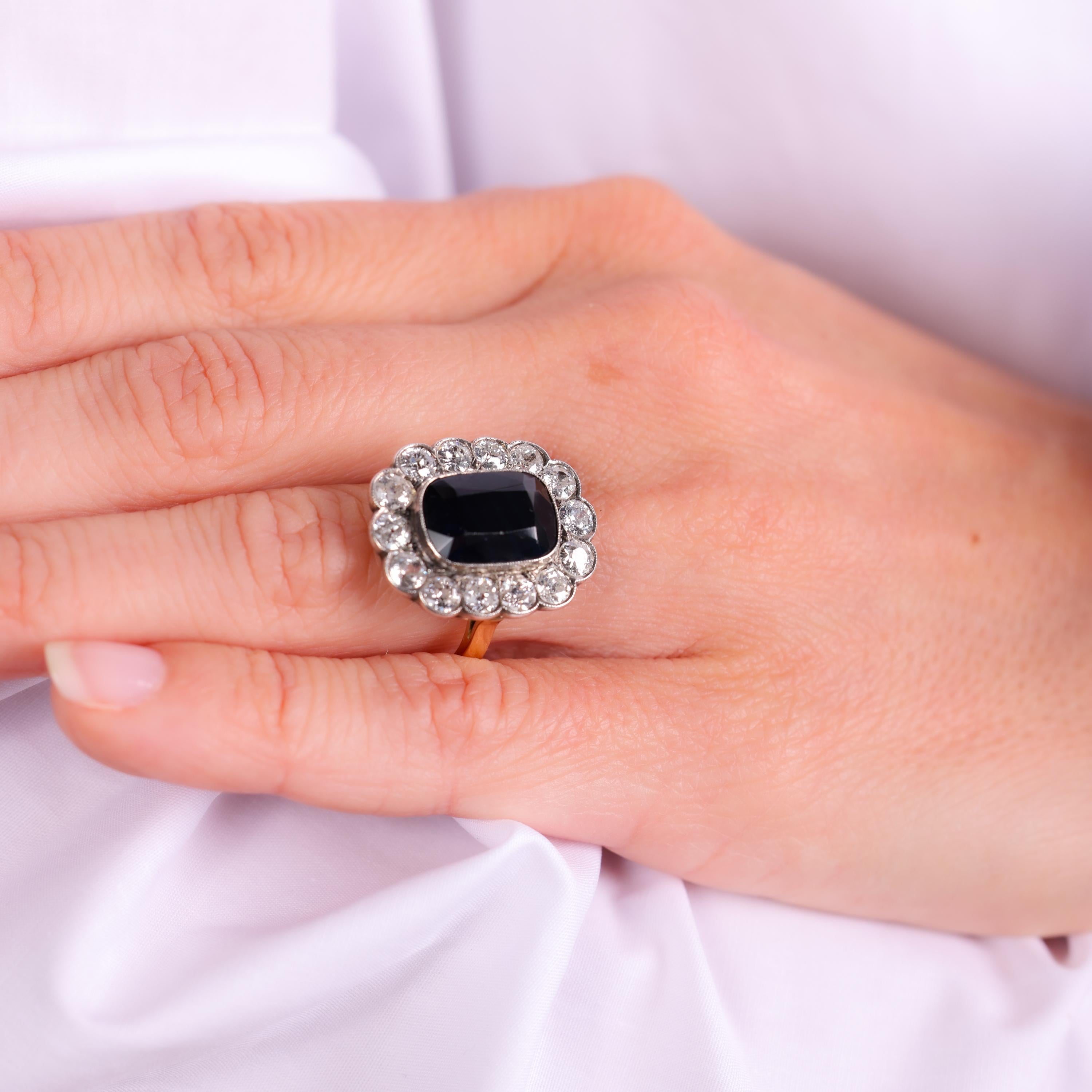 Cushion Cut GIA 5 carat sapphire diamond 18k yellow gold silver cluster ring