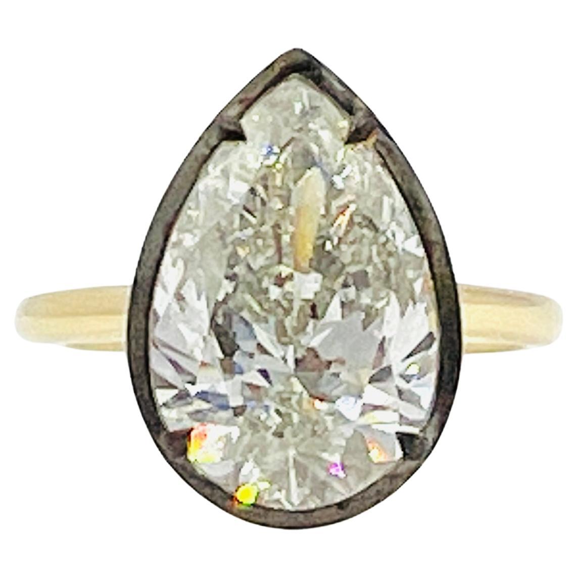 GIA 5 Carat White Diamond Pear Shape Ring in Black Rhodium & 18K Yellow Gold