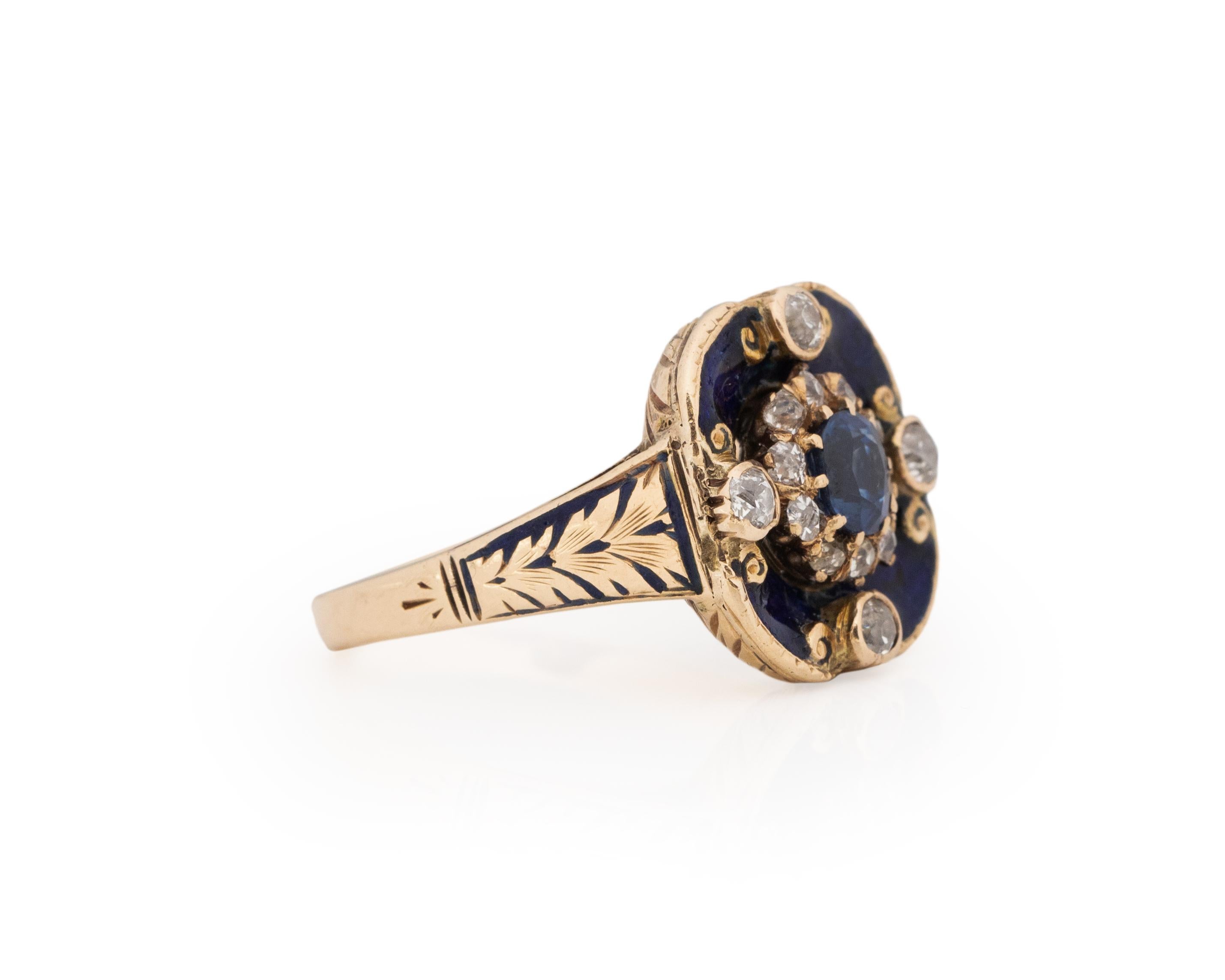 Ring Size: 6.5
Metal Type: 14K Yellow Gold [Hallmarked, and Tested]
Weight: 6.75 grams

Center Sapphire Details:
Type: UNHEATED, Natural.
GIA REPORT #: 2225395078
Weight: .50ct
Cut: Old Mine Brilliant
Color: Blue
Measurements: 4.74mm x 4.11 x