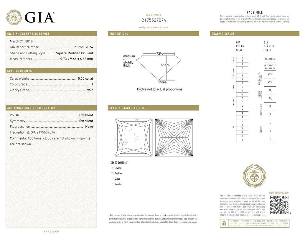 Contemporaneo GIA 5,00ct Anello con diamante centrale solitario Princess Channel in vendita
