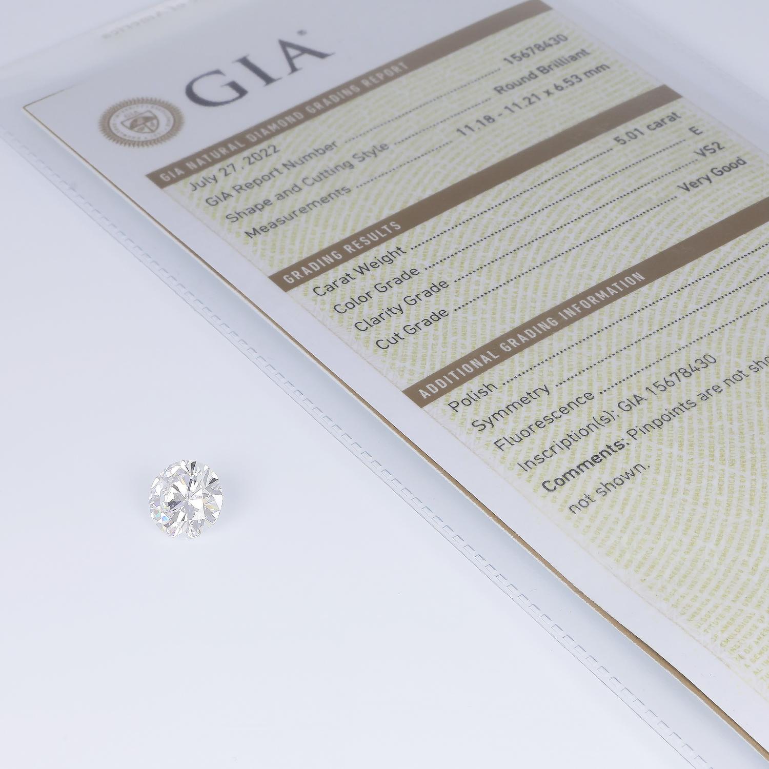 GIA 5.01 Carat E VS2 NO FLUO Certified Engagement Diamond Round Brilliant Cut For Sale 2