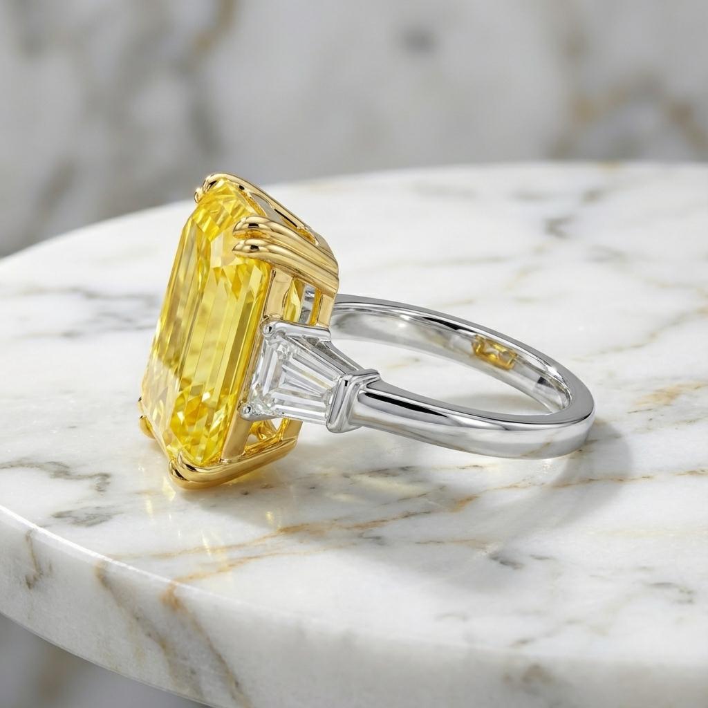 Cette spectaculaire bague de cocktail et de fiançailles met en valeur un exceptionnel diamant certifié GIA de 5,01 carats de couleur jaune fantaisie taille émeraude, pureté VS1, avec une élégante répartition des couleurs Even.
La pierre présente une