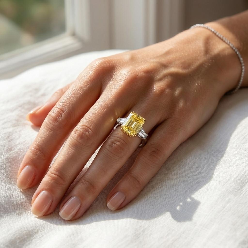 GIA Bague diamant taille émeraude de 5,01 carats Fancy Yellow VS1 Neuf - En vente à Chicago, IL