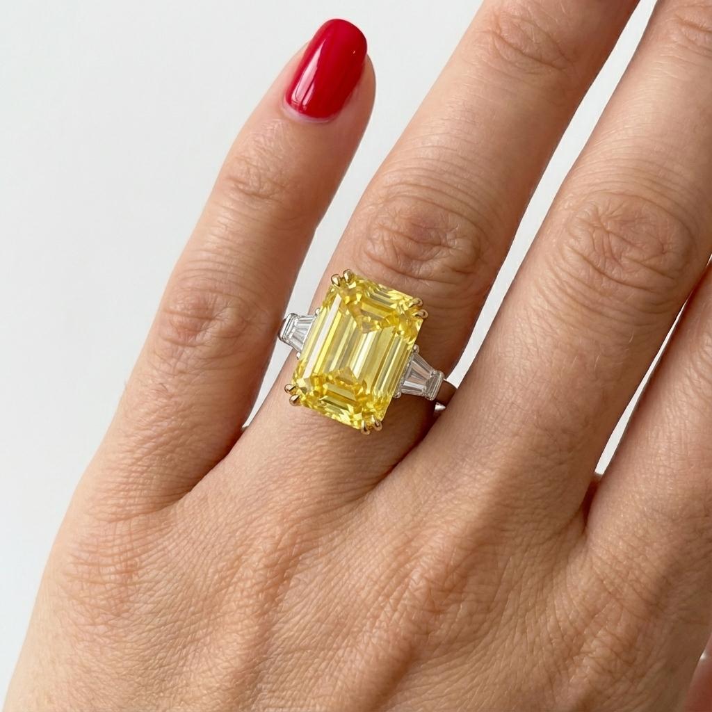 GIA Bague diamant taille émeraude de 5,01 carats Fancy Yellow VS1 Unisexe en vente