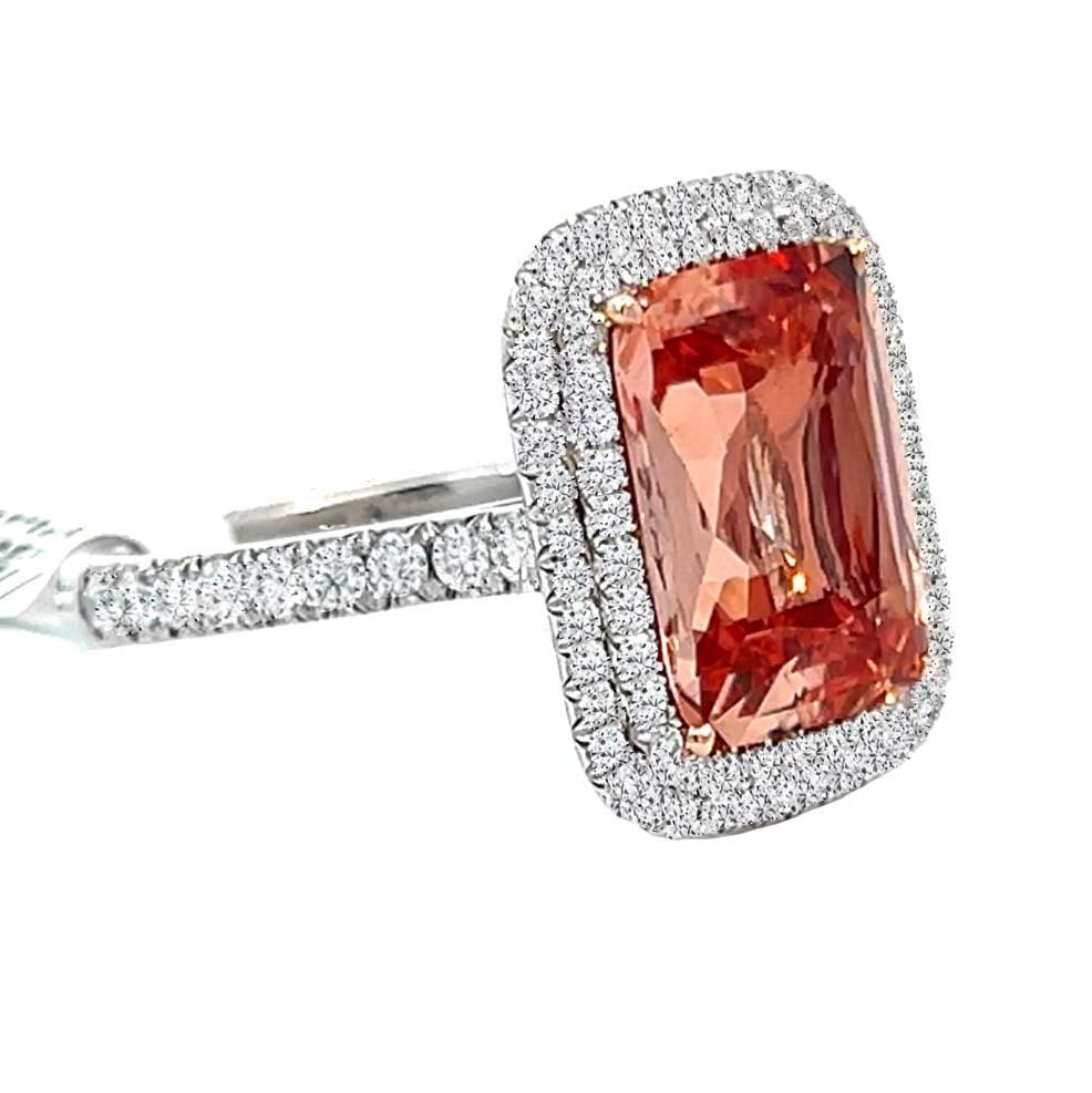 Cushion Cut GIA 5.01 Carat Padparadscha Sapphire and Diamond Cocktail Ring