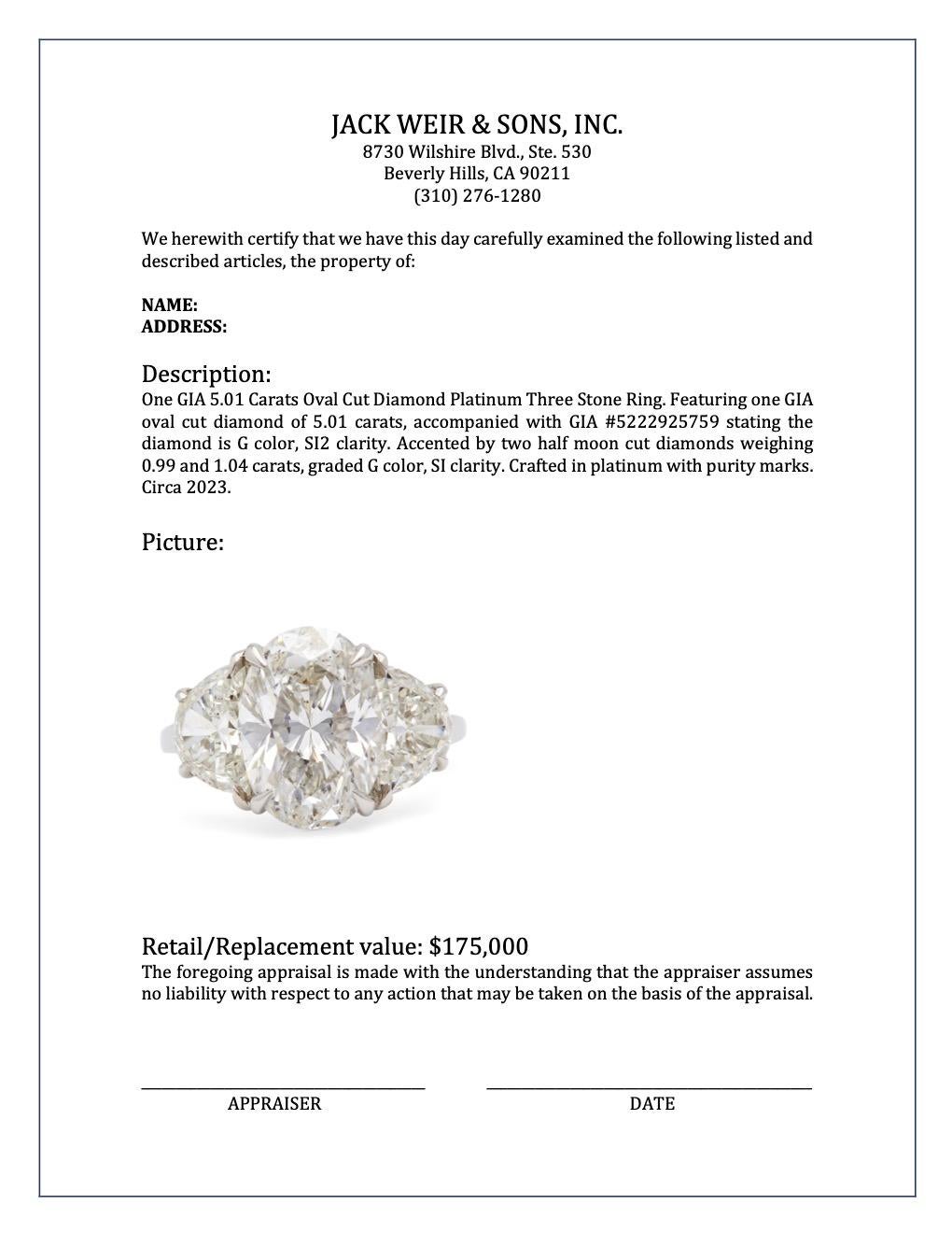 GIA 5.01 Carats Oval Cut Diamond Platinum Three Stone Ring 4