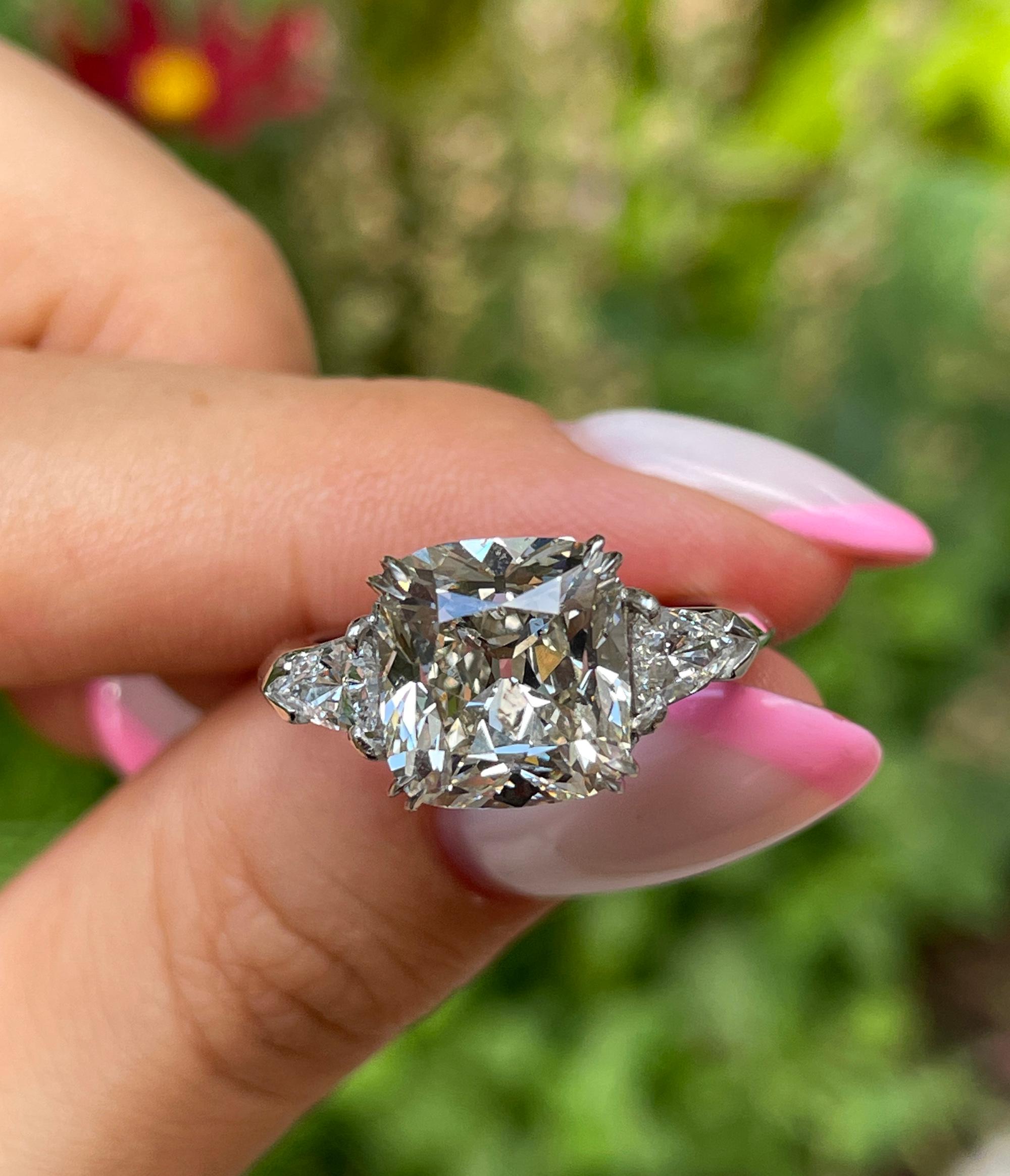 GIA 5.01ct Cushion Diamond Engagement 3 Stone Platinum Engagement Ring For Sale 4