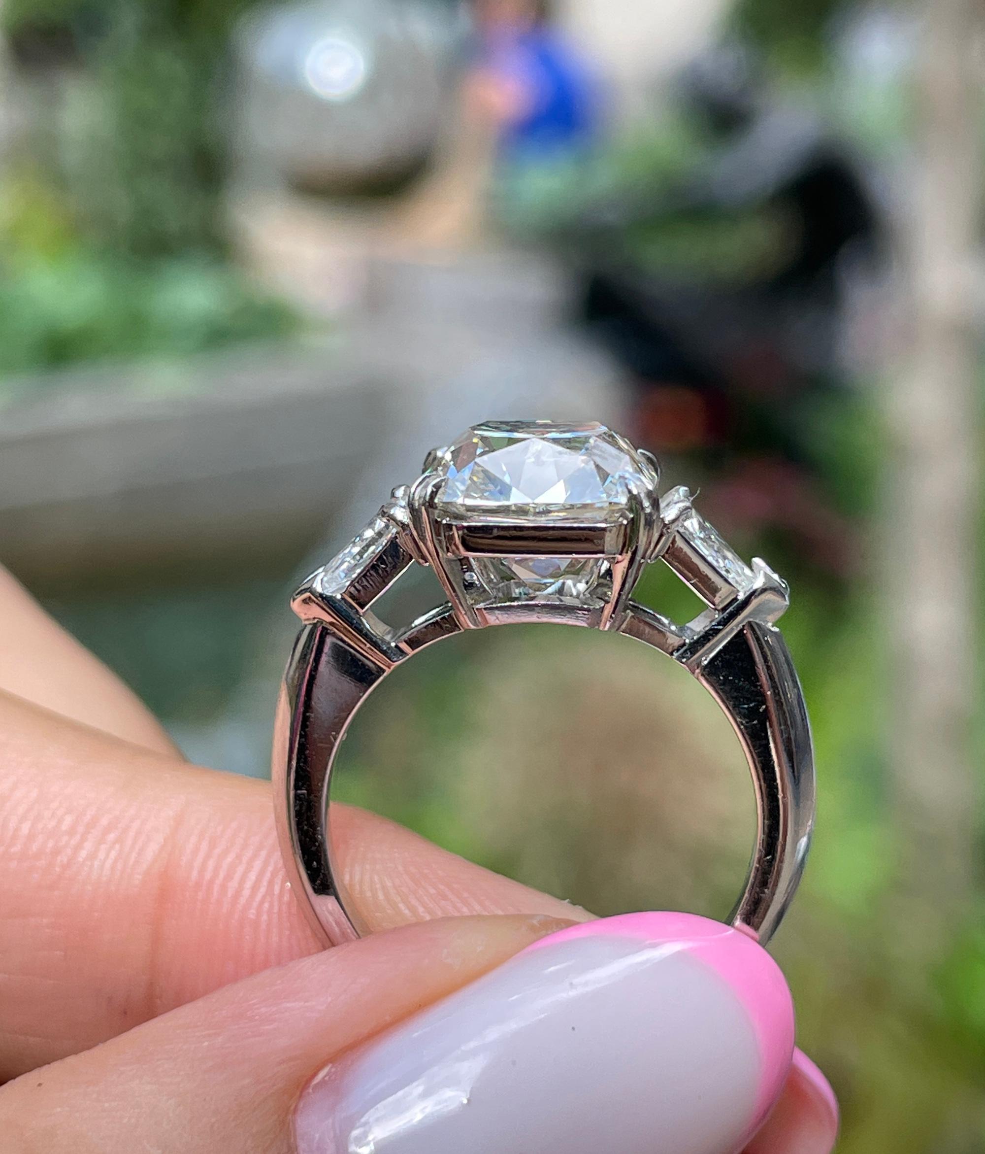 GIA 5.01ct Cushion Diamond Engagement 3 Stone Platinum Engagement Ring For Sale 5