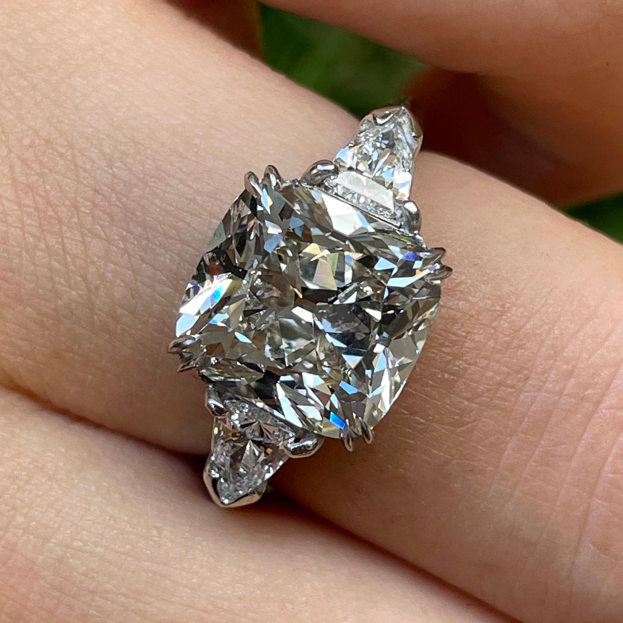 Women's GIA 5.01ct Cushion Diamond Engagement 3 Stone Platinum Engagement Ring For Sale