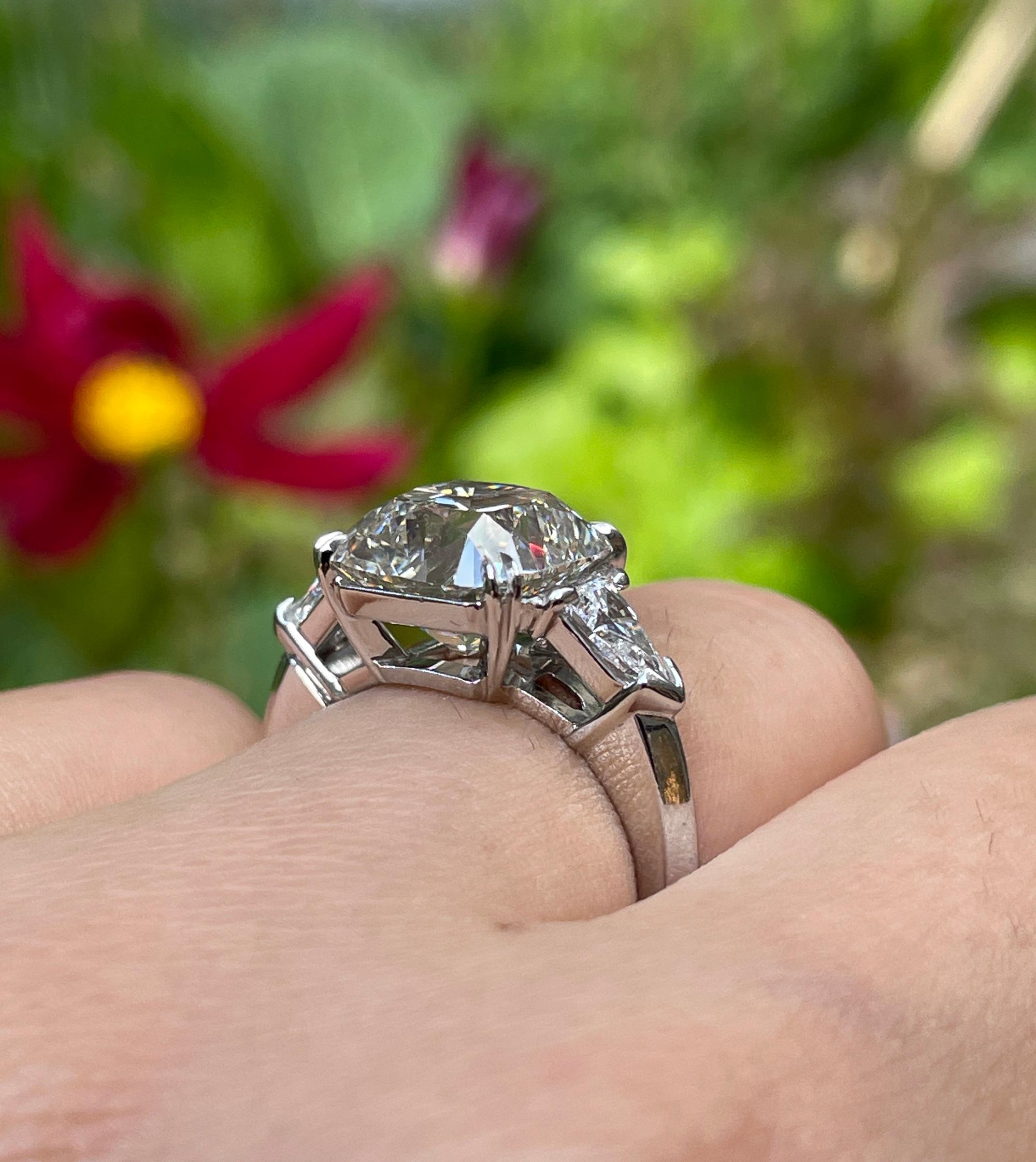 GIA 5.01ct Cushion Diamond Engagement 3 Stone Platinum Engagement Ring For Sale 2