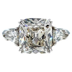 GIA 5.01ct Cushion Diamond Engagement 3 Stone Platinum Engagement Ring