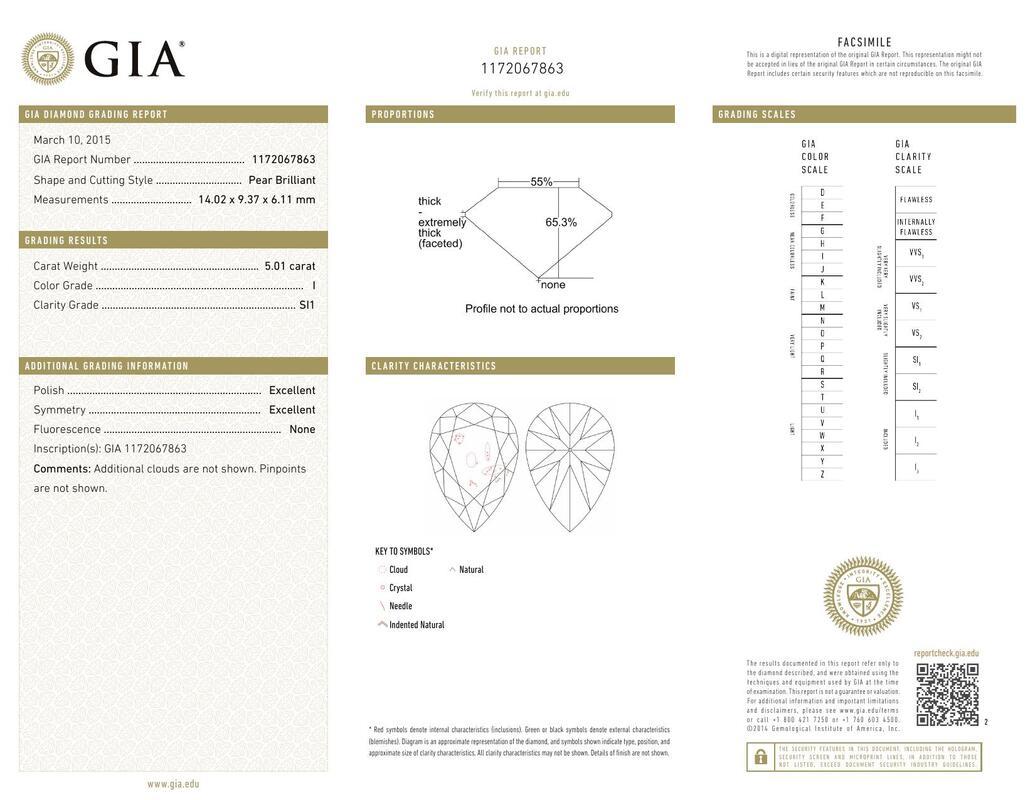 Contemporaneo GIA 5,01ct Pear Vintage 3-Stone Heart & Vine Anello di diamanti in oro bianco 18K in vendita