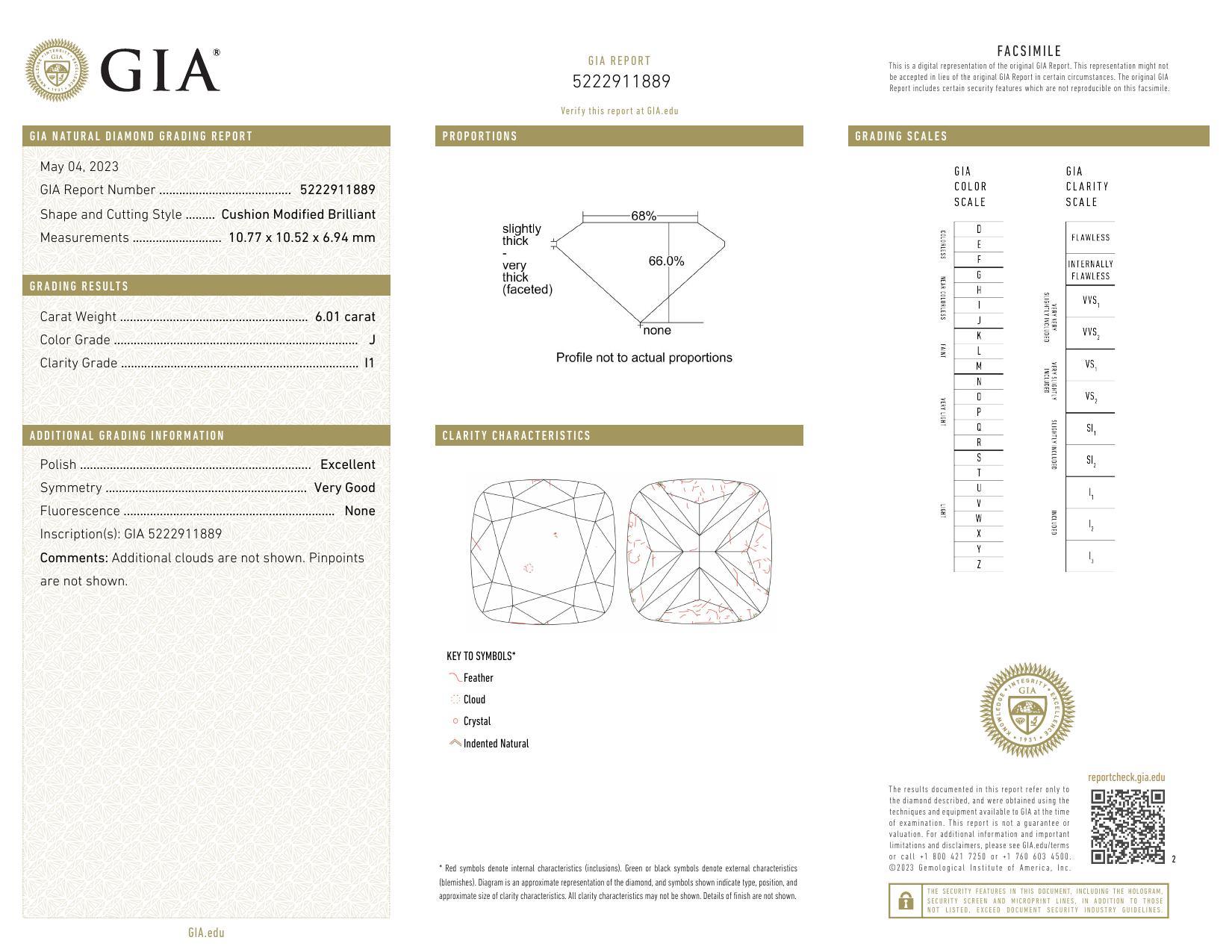 Contemporary GIA 6ct Cushion Three-Stone Tapered Baguette 18K White Gold Diamond Ring For Sale