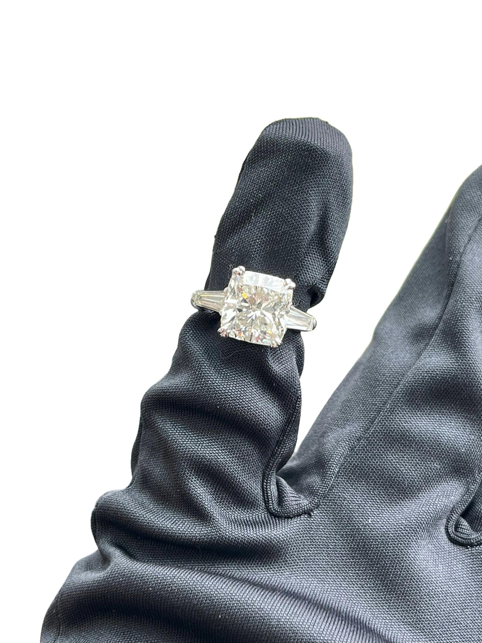 GIA 5.02ct Natural Cushion Cut Diamond Engagement Ring with Tapered Baguettes For Sale 6