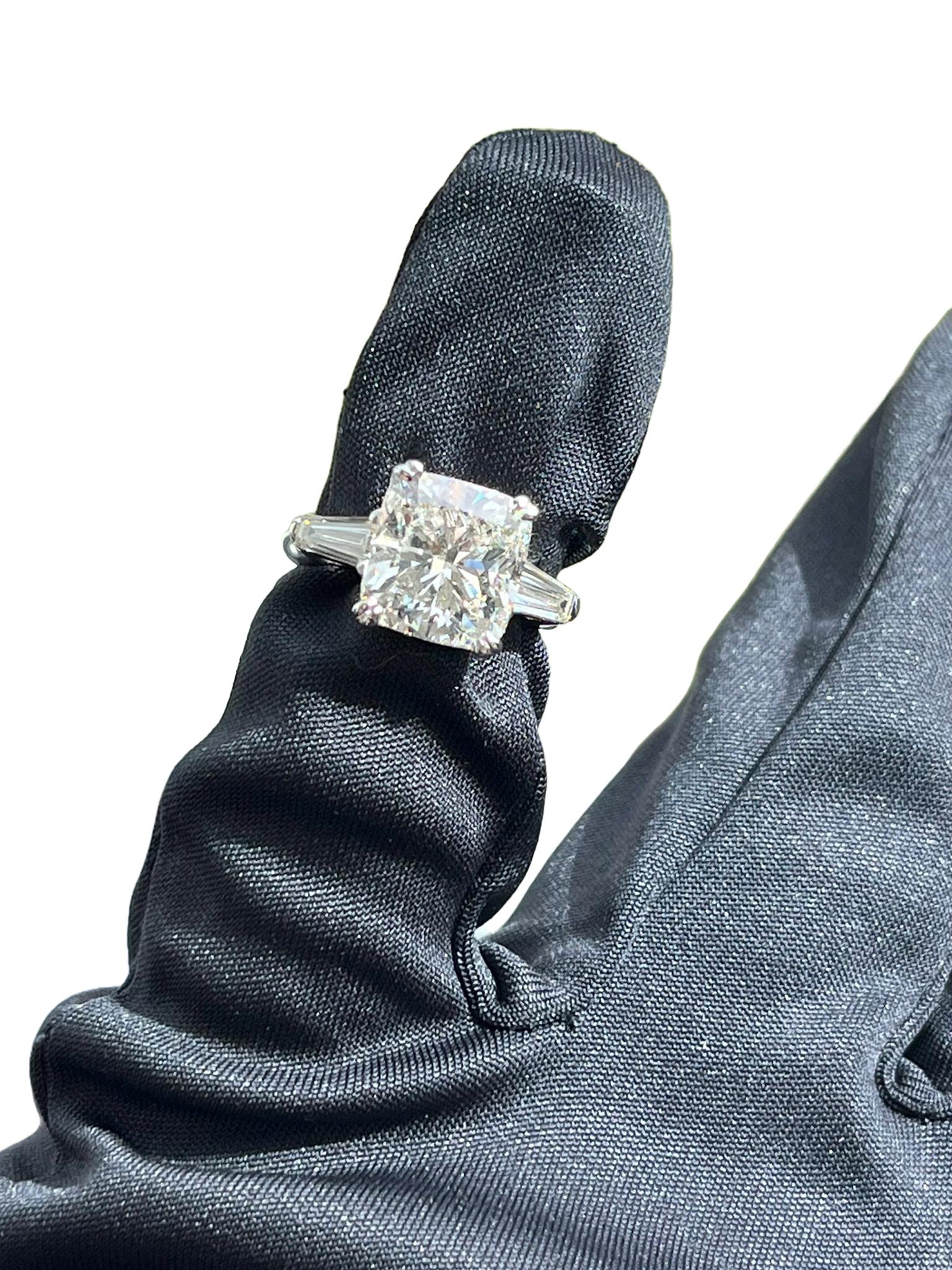 GIA 5.02ct Natural Cushion Cut Diamond Engagement Ring with Tapered Baguettes For Sale 7