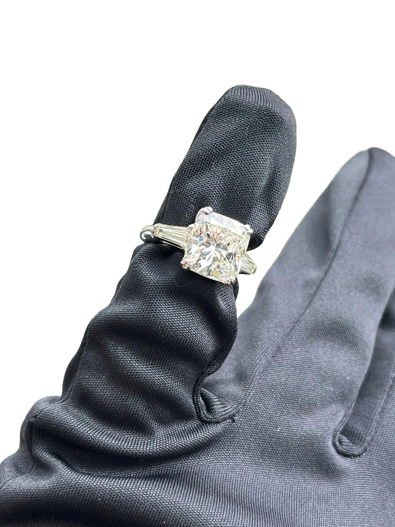 GIA 5.02ct Natural Cushion Cut Diamond Engagement Ring with Tapered Baguettes For Sale 8