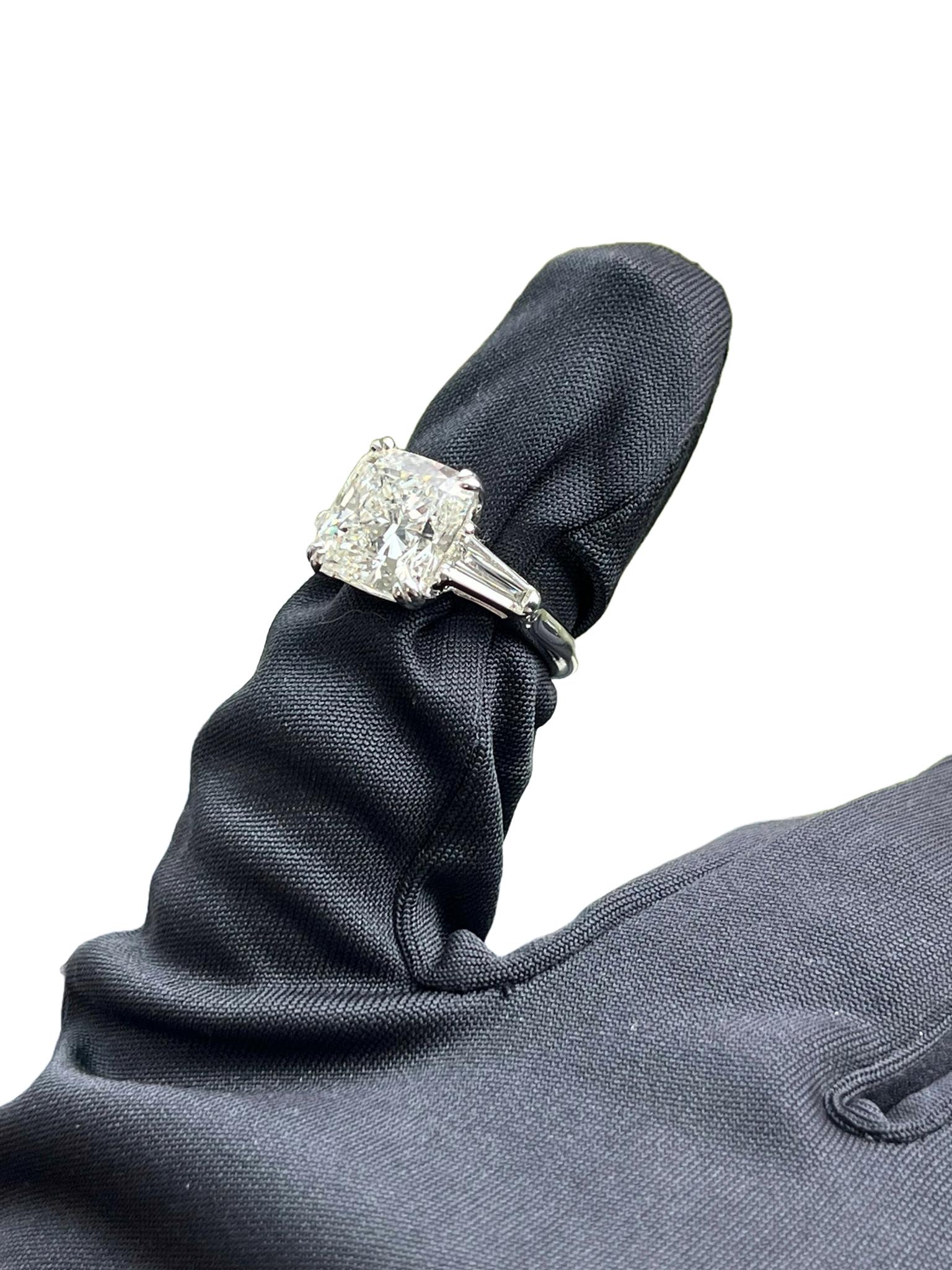 GIA 5.02ct Natural Cushion Cut Diamond Engagement Ring with Tapered Baguettes For Sale 9