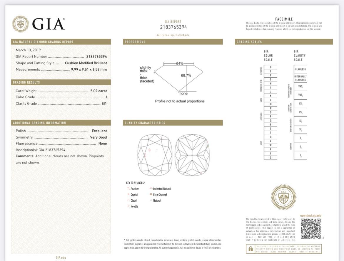 GIA 5.02ct Natural Cushion Cut Diamond Engagement Ring with Tapered Baguettes For Sale 10