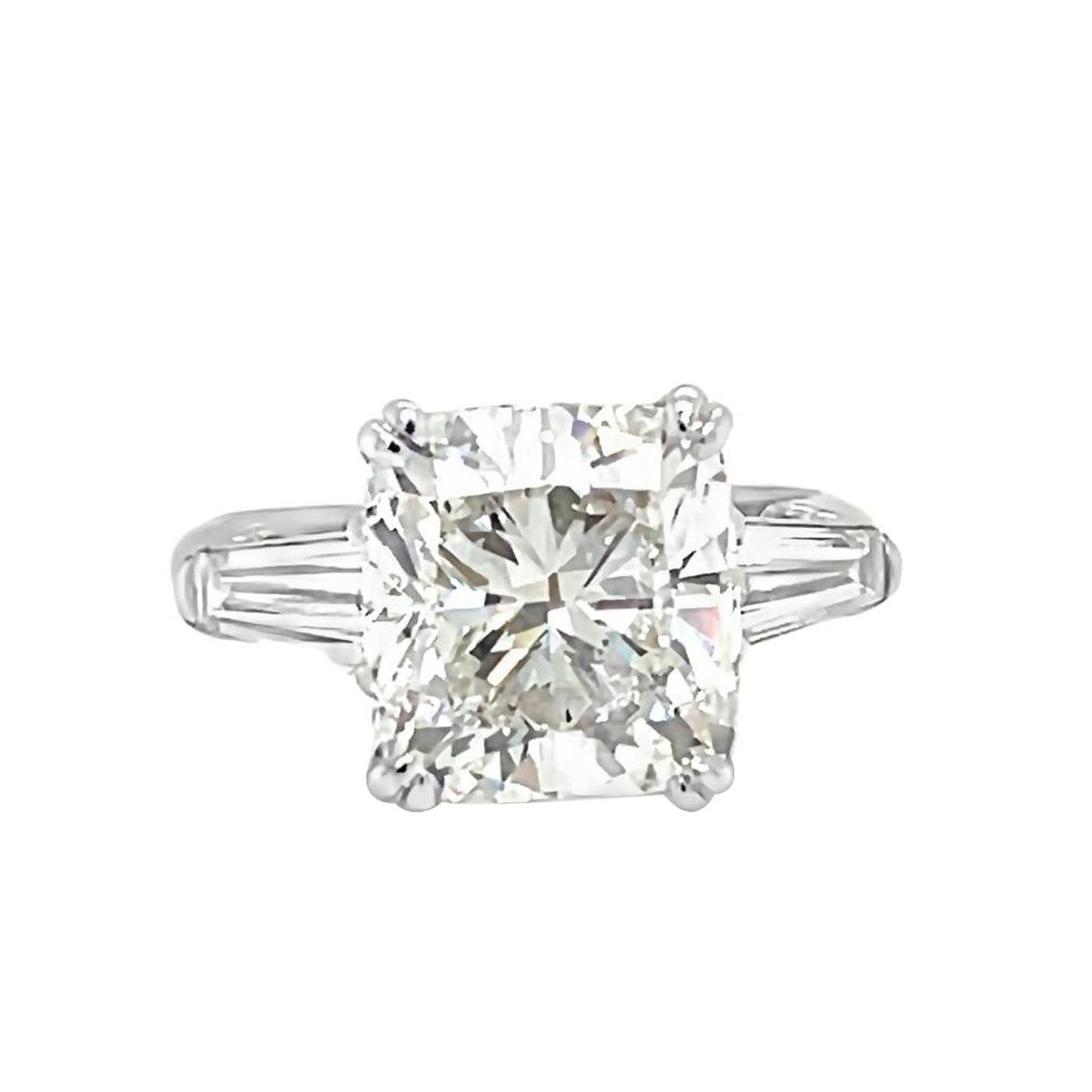 Women's GIA 5.02ct Natural Cushion Cut Diamond Engagement Ring with Tapered Baguettes For Sale
