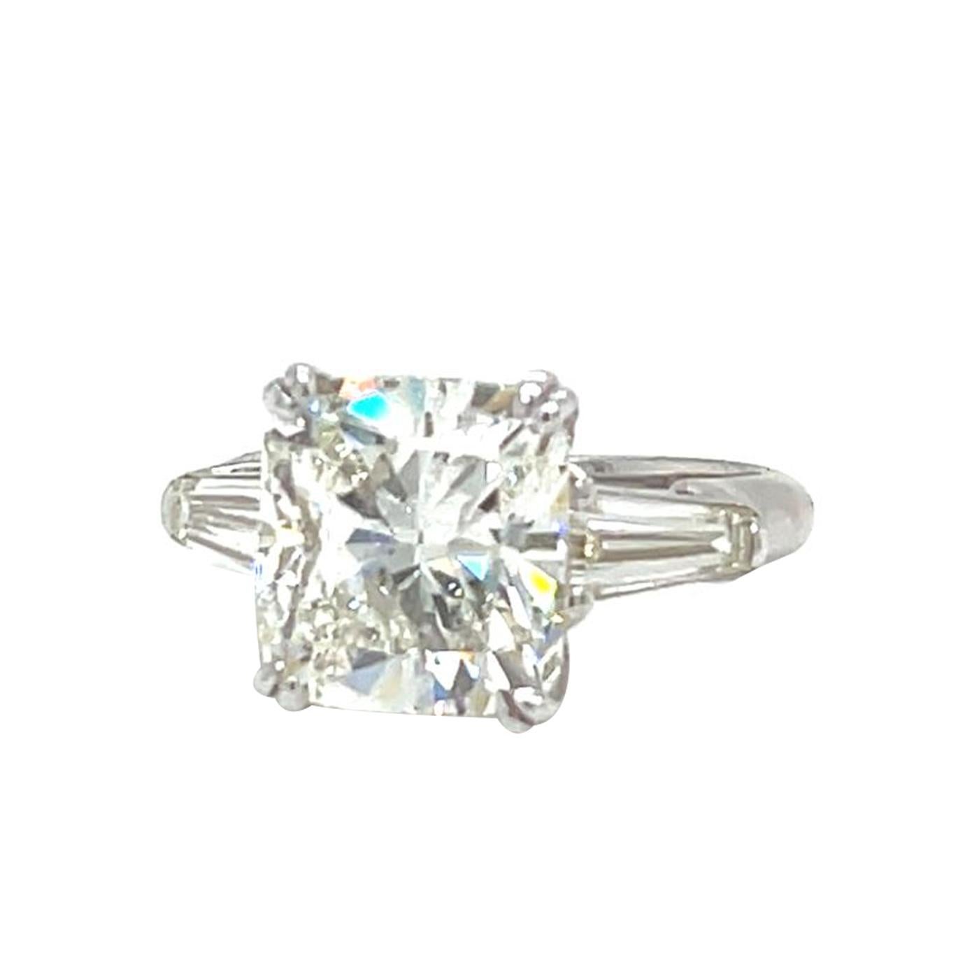 GIA 5.02ct Natural Cushion Cut Diamond Engagement Ring with Tapered Baguettes For Sale 3