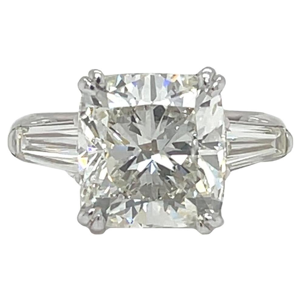 GIA 5.02ct Natural Cushion Cut Diamond Engagement Ring with Tapered Baguettes