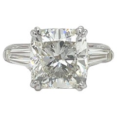 GIA 5.02ct Natural Cushion Cut Diamond Engagement Ring with Tapered Baguettes
