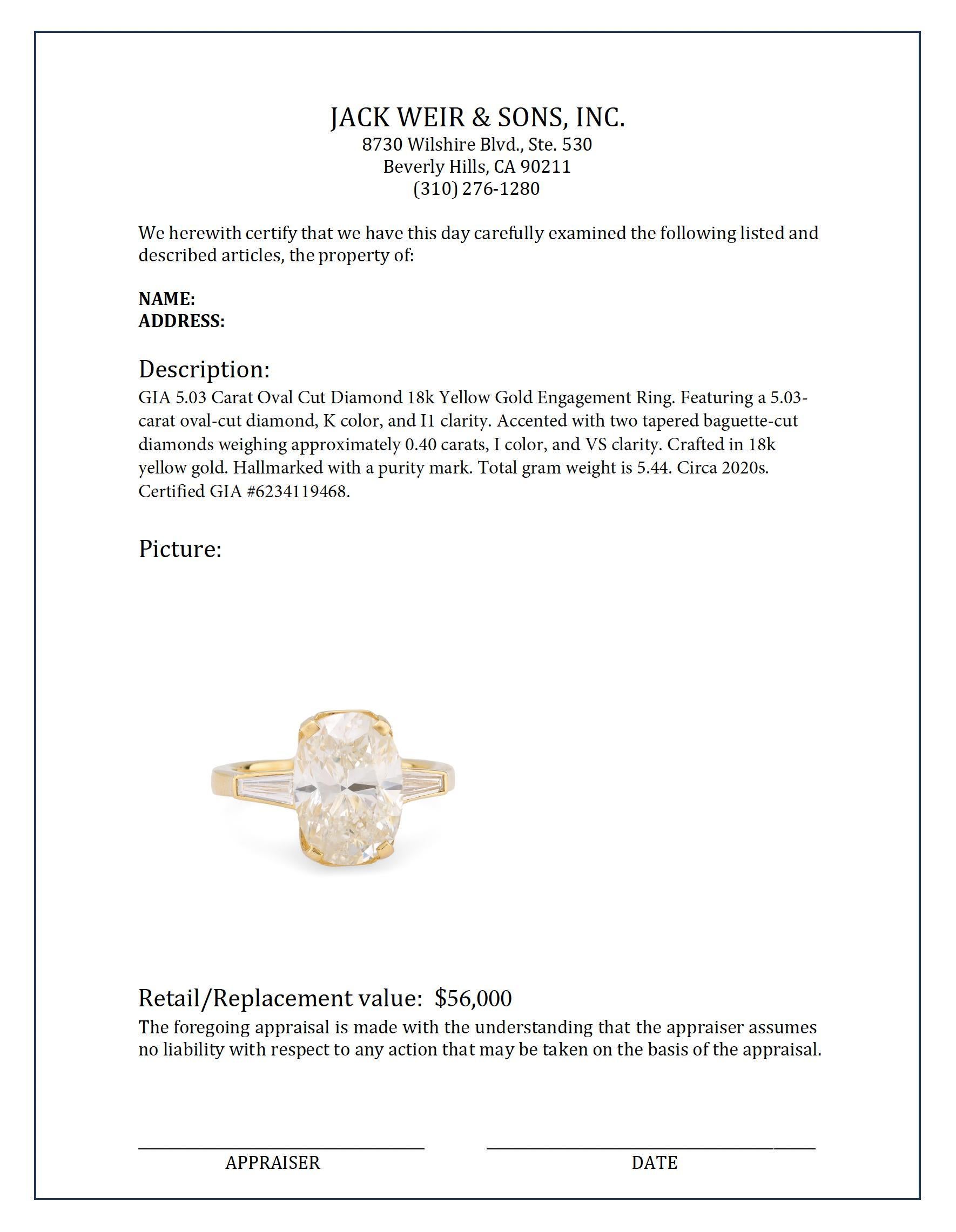 Verlobungsring, GIA 5,03 Karat oval geschliffener Diamant 18k Gelbgold im Zustand „Hervorragend“ in Beverly Hills, CA