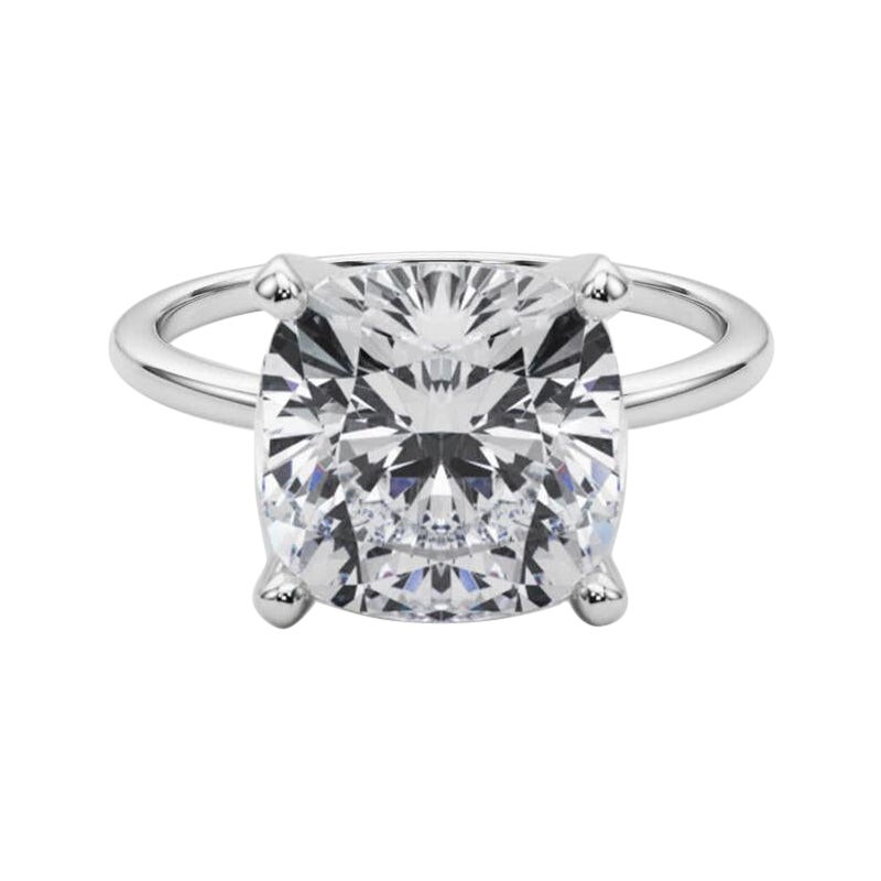 GIA 5.03ct Cushion Slim Band Prong Set Solitaire 18K White Gold Diamond Ring