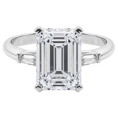 GIA 5.03ct Emerald Three-Stone Tapered Baguette 18K White Gold Diamond Ring