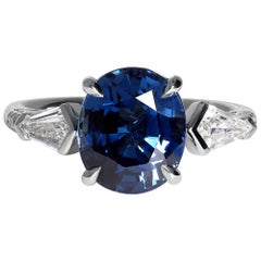 GIA 5.04 Carat Natural No-Heat Blue Sapphire and Diamond Platinum 3-Stone Ring