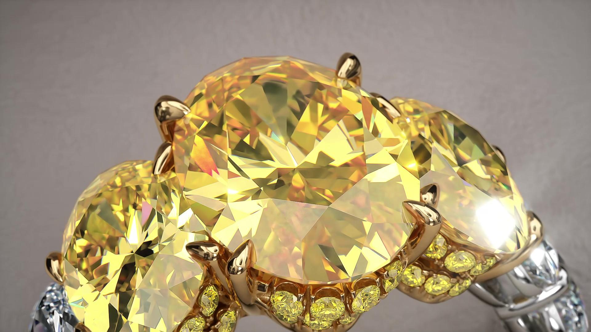 GIA 5.04 Carat Oval Yellow Intense Diamonds 18 Karat and Platinum 950 Ring For Sale 3